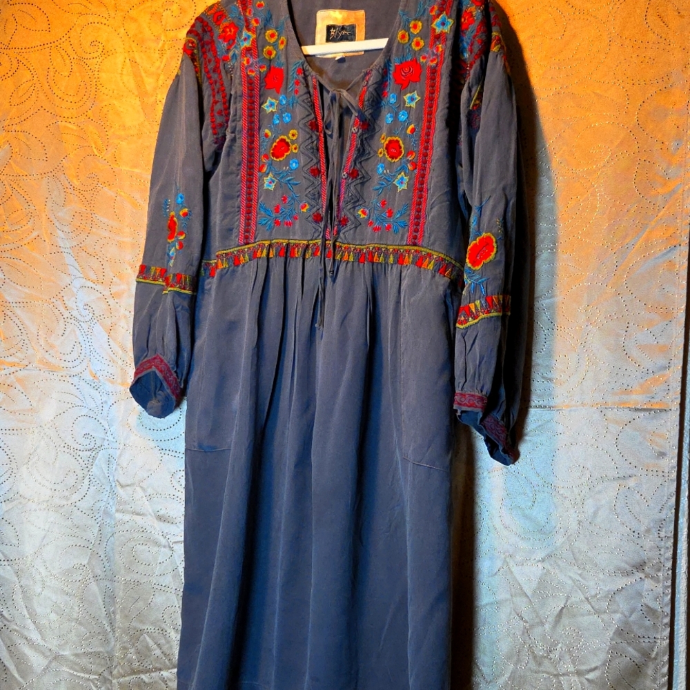 Johnny Was Blue Embroidered Midi Dress